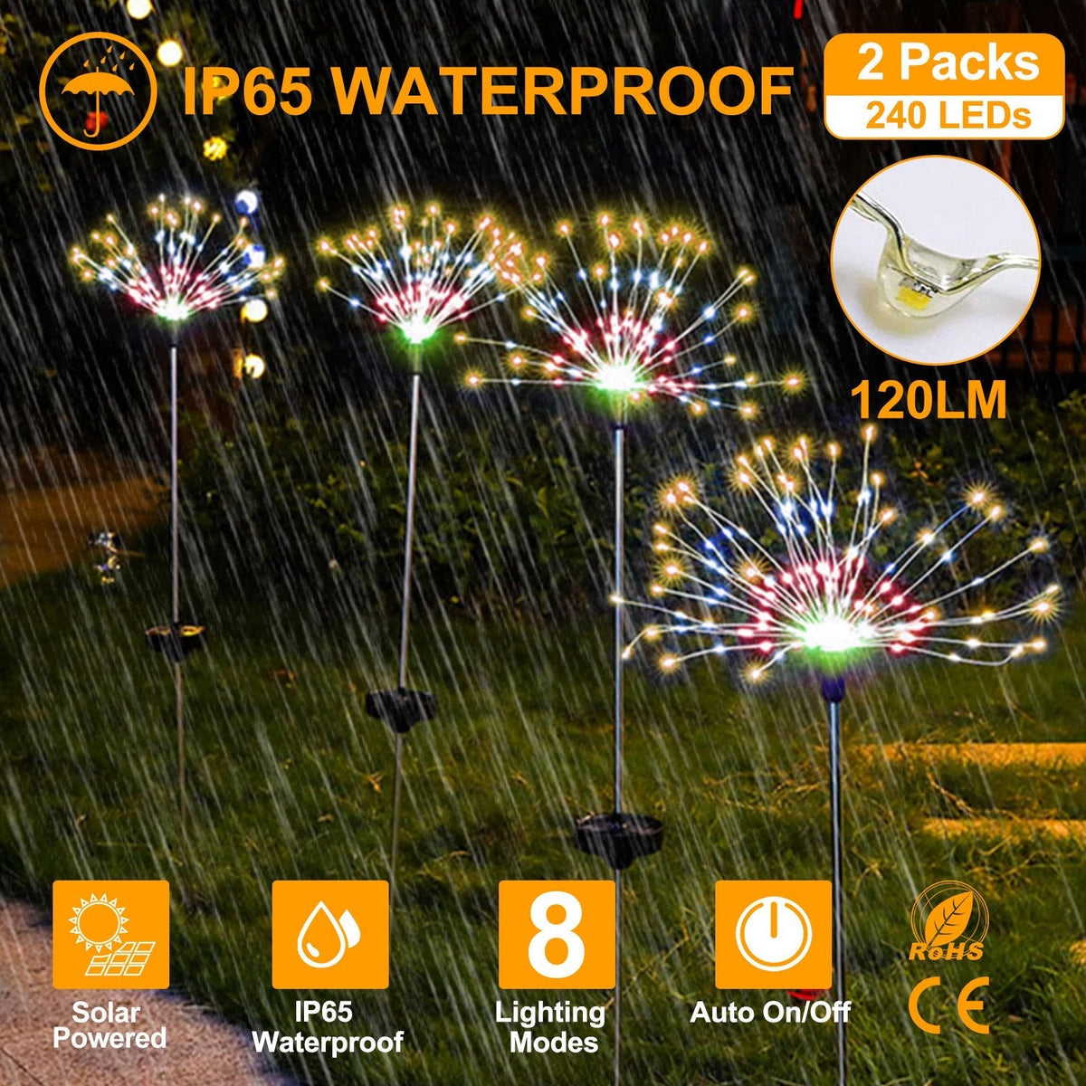 2Pcs Solar Powered Starburst Lights 240 LEDs Firework Lamp Garden Path Decor Lights