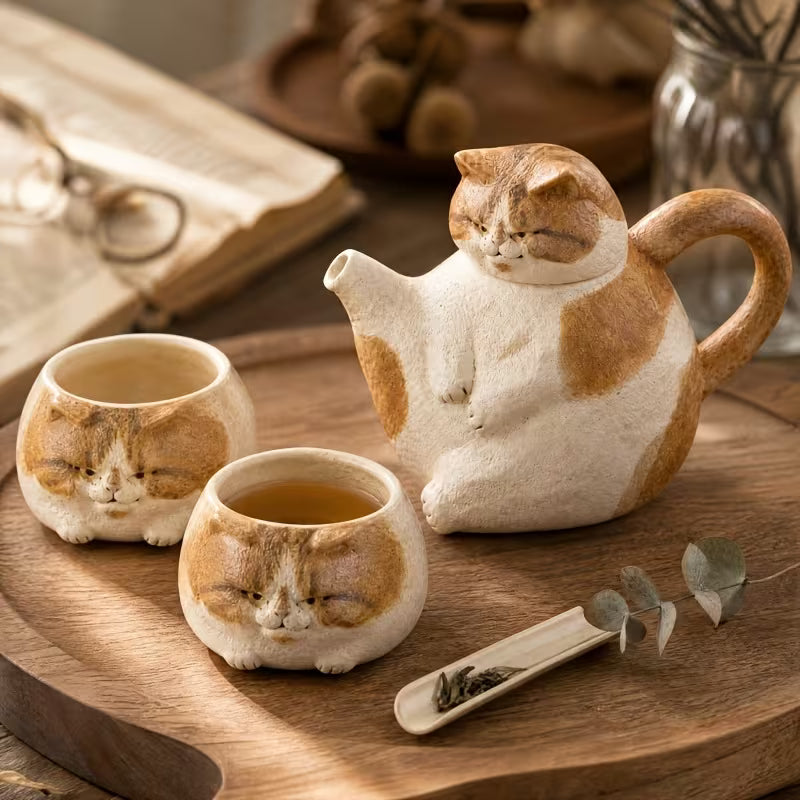 Coarse Pottery Cat Teapot and Cup Set