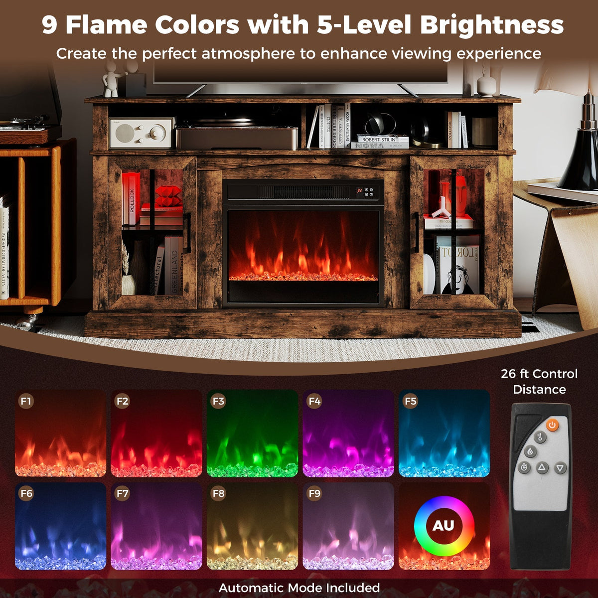 58 Inch Fireplace TV Stand with LED Lights with Storage Cabinets and Glass Doors