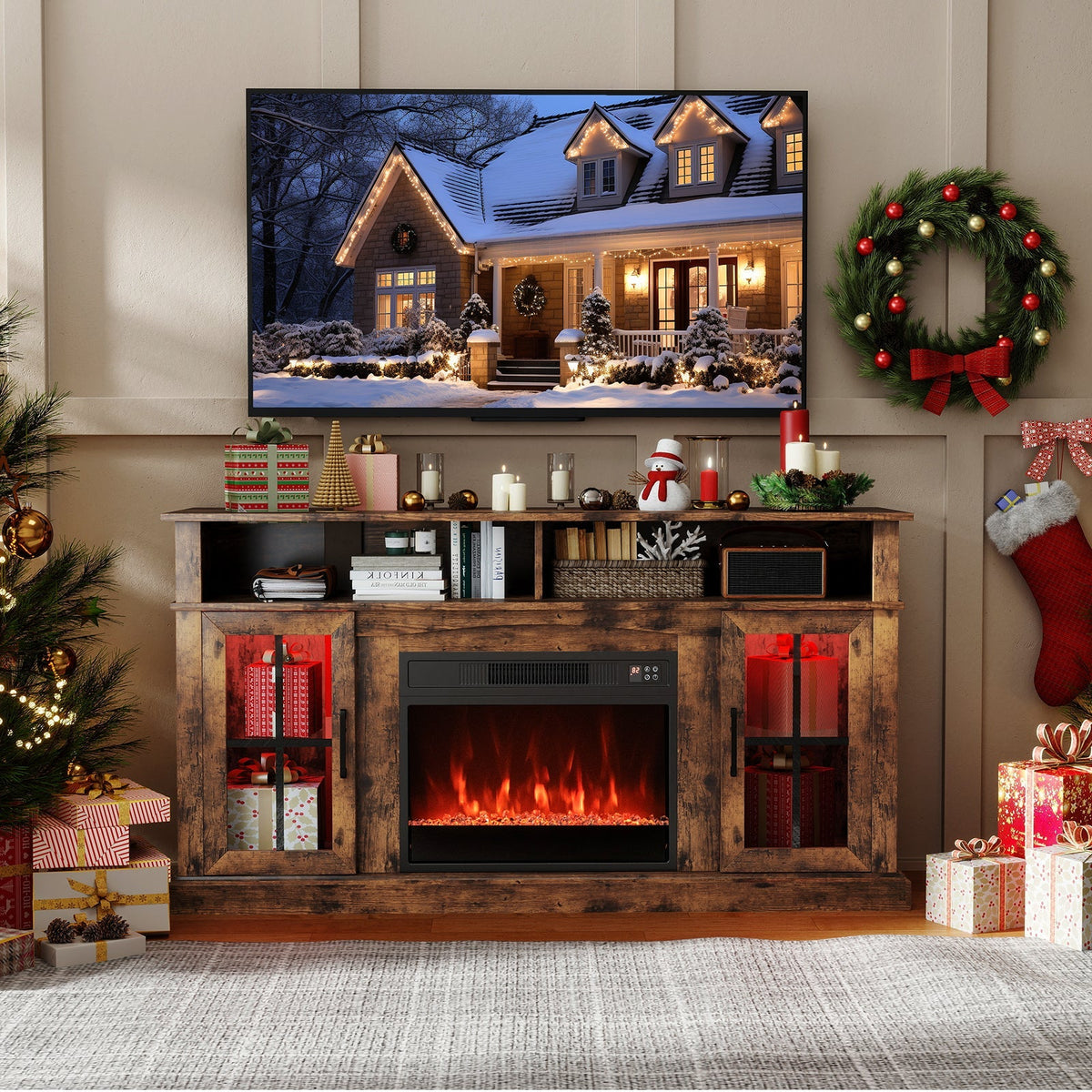 58 Inch Fireplace TV Stand with LED Lights with Storage Cabinets and Glass Doors
