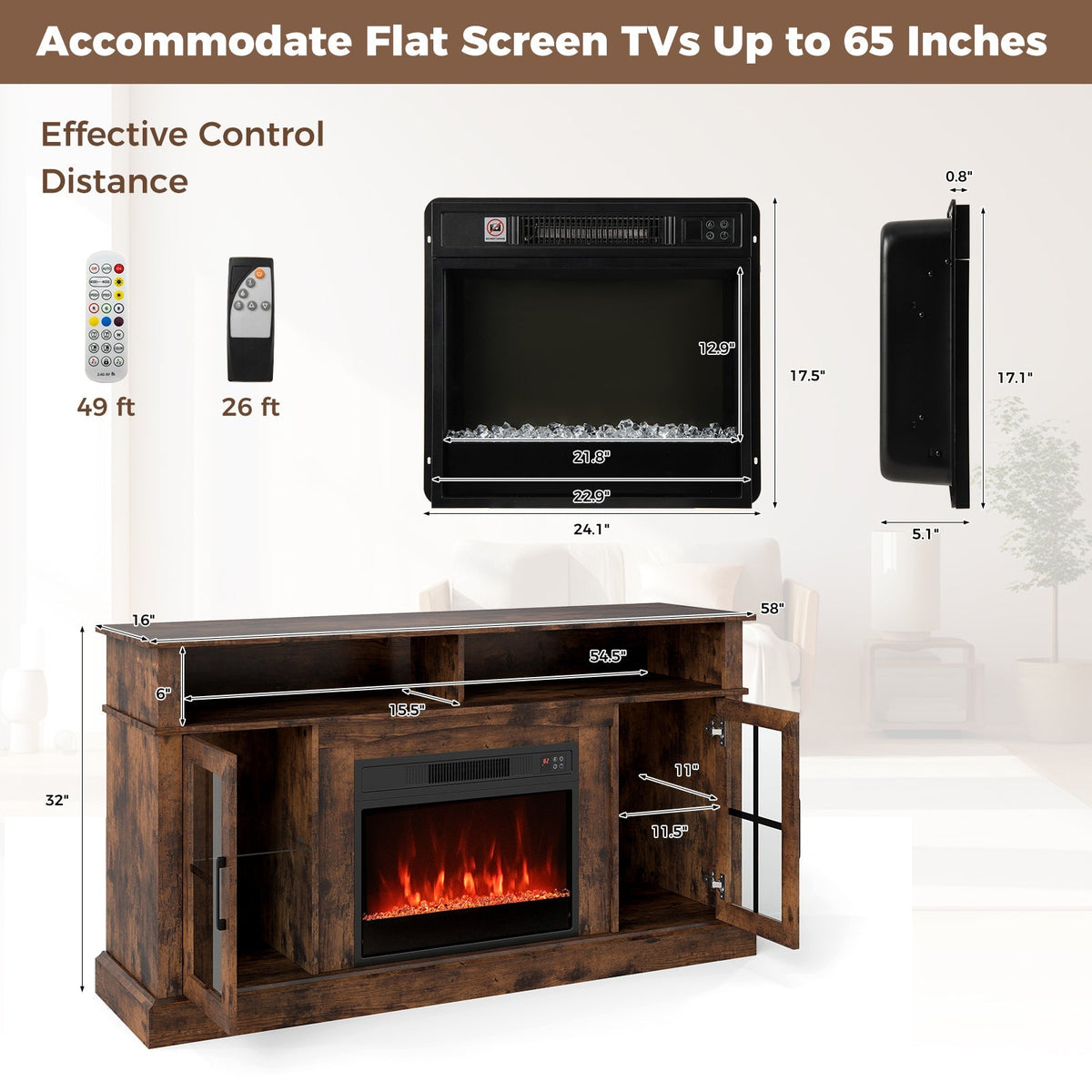 58 Inch Fireplace TV Stand with LED Lights with Storage Cabinets and Glass Doors