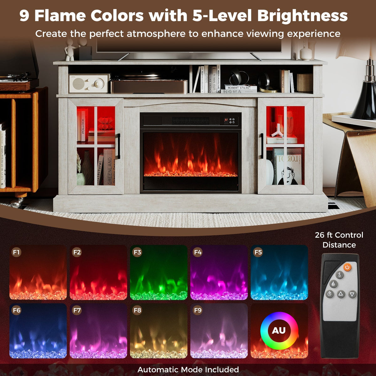 58 Inch Fireplace TV Stand with LED Lights with Storage Cabinets and Glass Doors