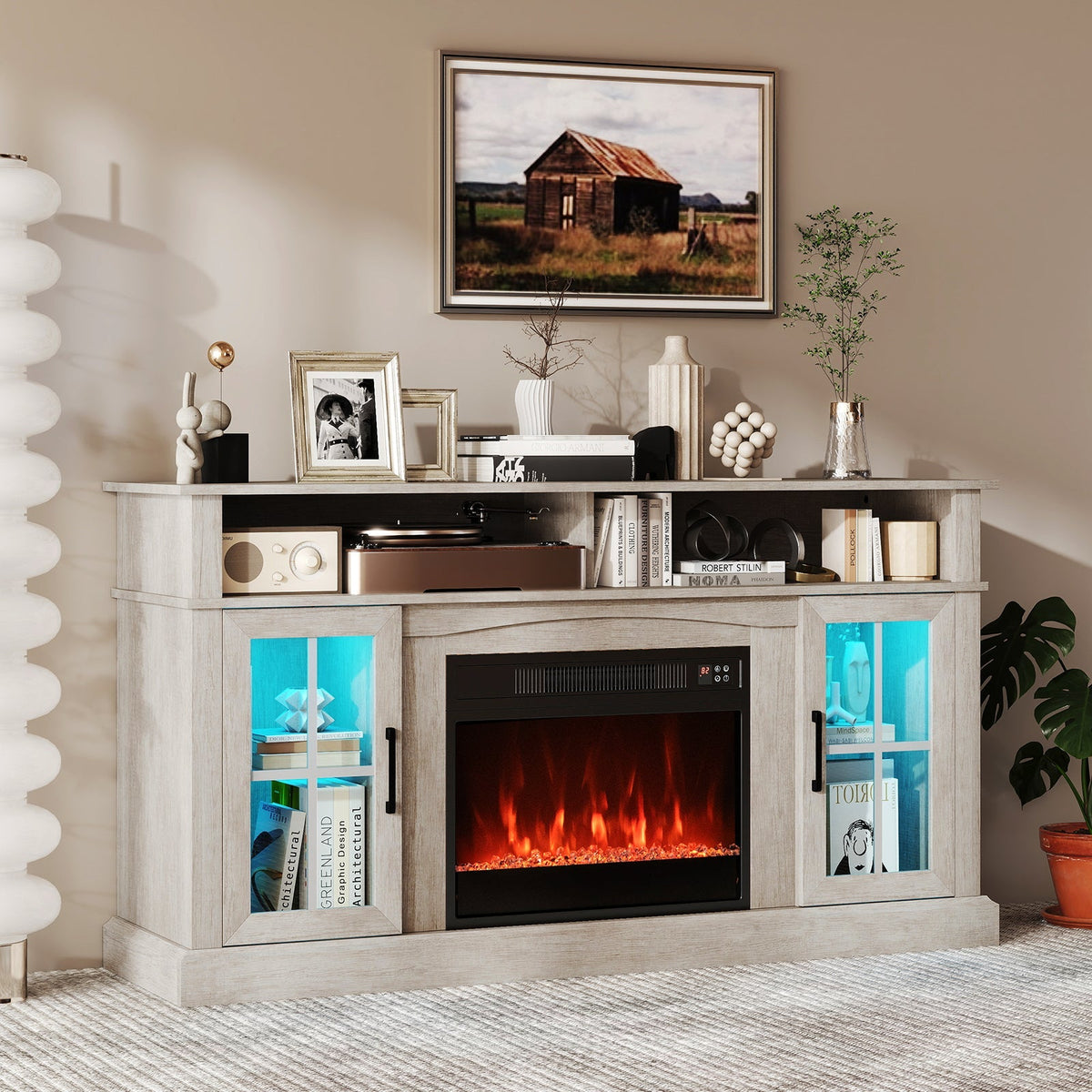 58 Inch Fireplace TV Stand with LED Lights with Storage Cabinets and Glass Doors