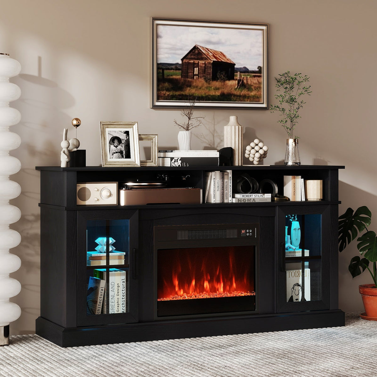 58 Inch Fireplace TV Stand with LED Lights with Storage Cabinets and Glass Doors