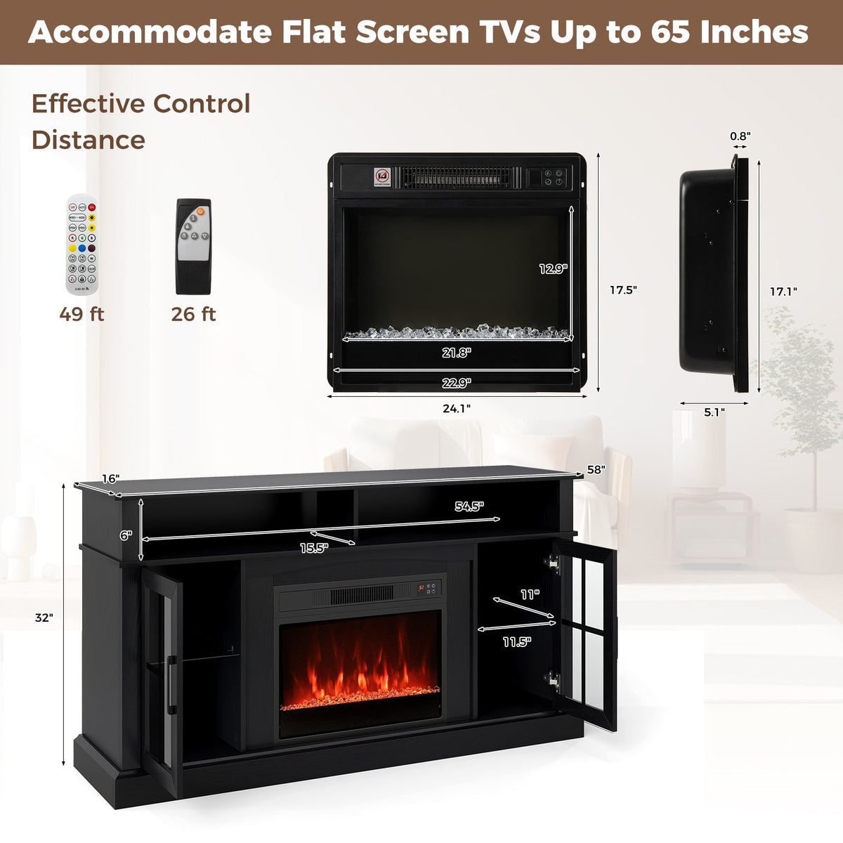58 Inch Fireplace TV Stand with LED Lights with Storage Cabinets and Glass Doors
