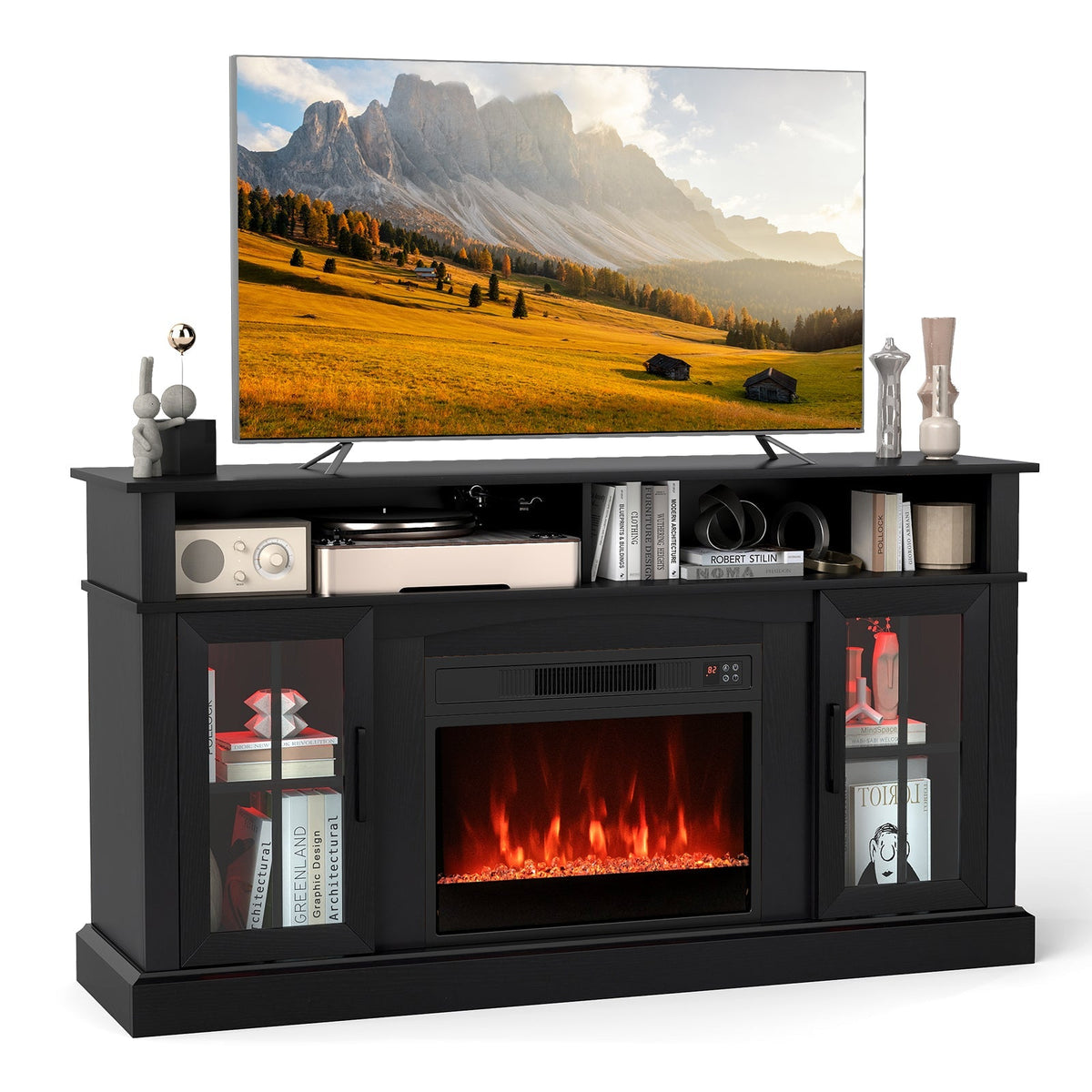 58 Inch Fireplace TV Stand with LED Lights with Storage Cabinets and Glass Doors