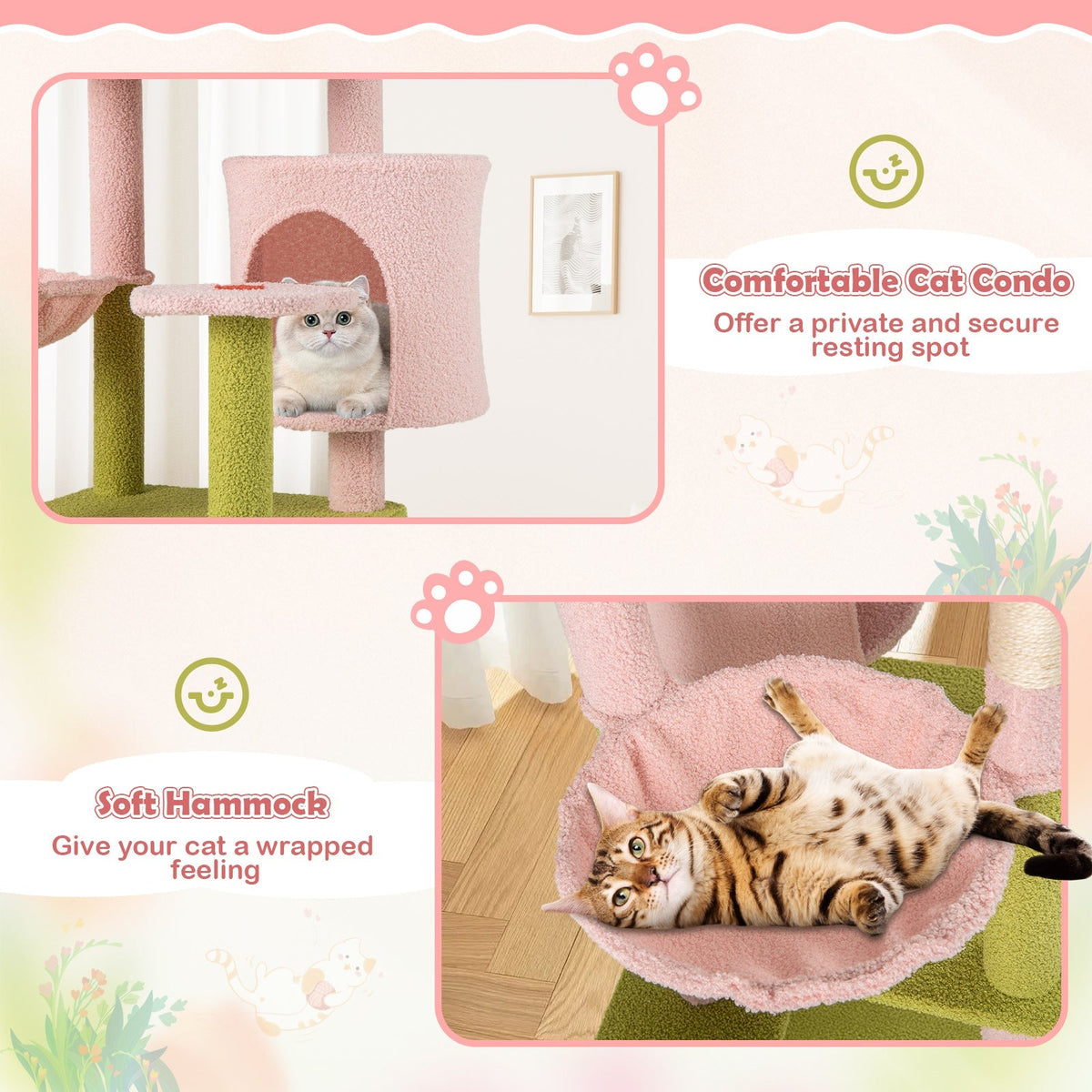 Rascador para Gatos de Múltiples Niveles y 58 Pulgadas de Alto con Diseño Floral Estético - Rosa