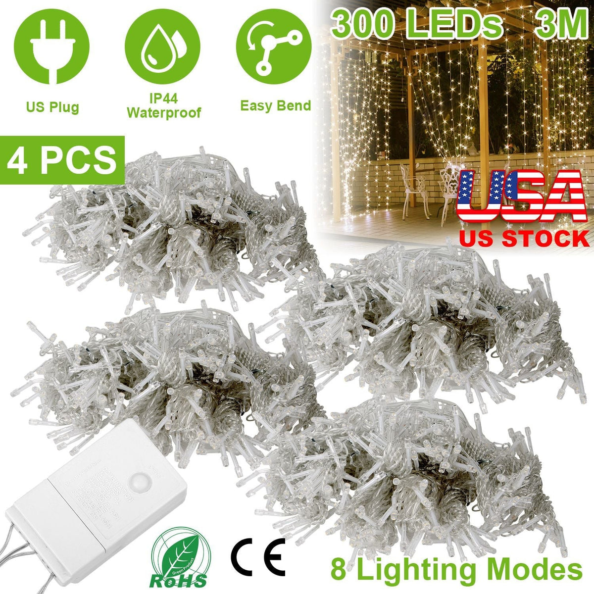3M 300 LEDs String Curtain Light IP44 String Fairy Lights Party Xmas Decor Lamps W/ Remote