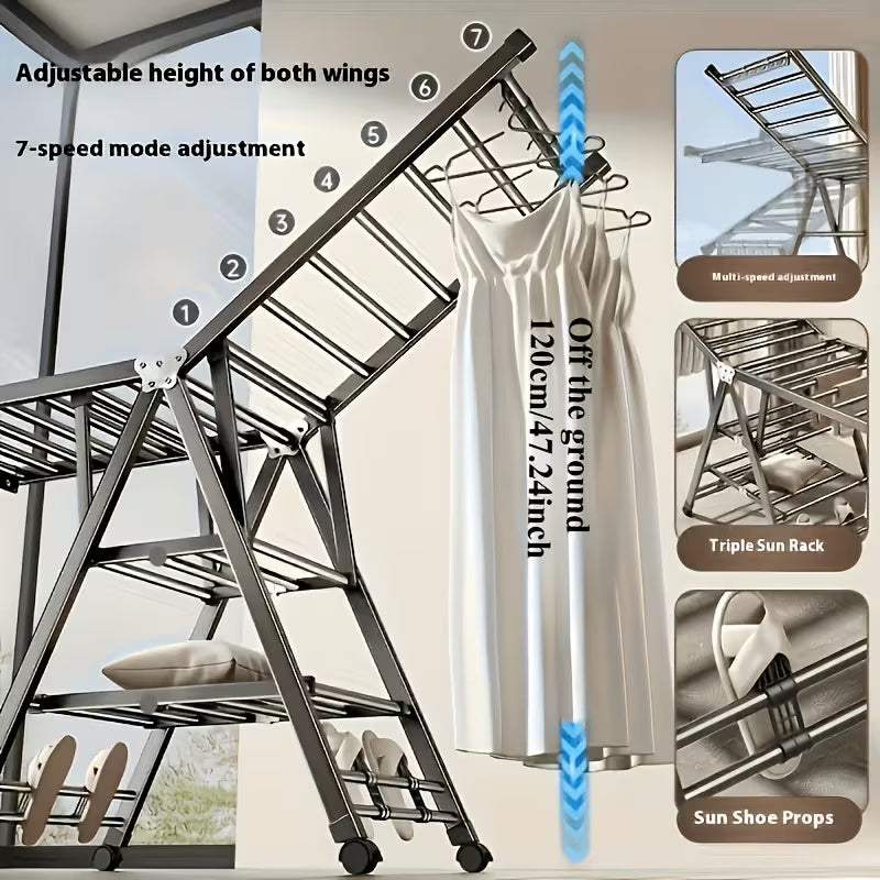 Foldable 3-Tier Clothes Drying Rack with Wheels and Shoe Rack