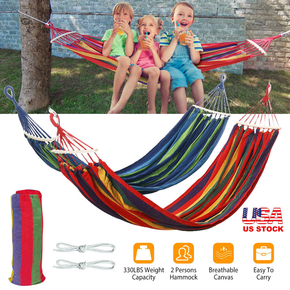 Double Hammock 2 Person Canvas Hanging Hammock Swing Bed with Carrying Bag Hold 330LBS for Camping Travel Beach