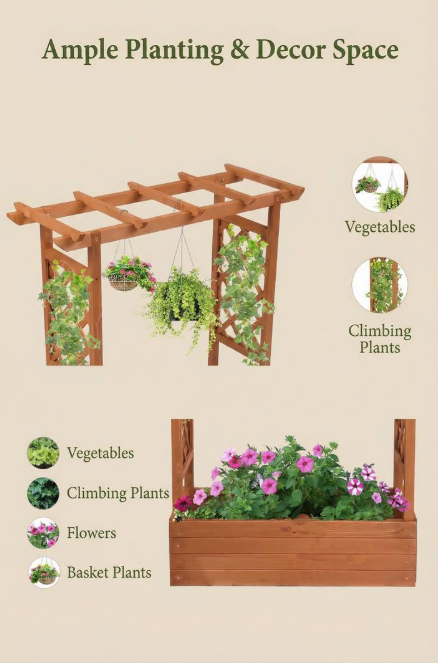 Maceta de madera elevada con celosía alta para plantas trepadoras