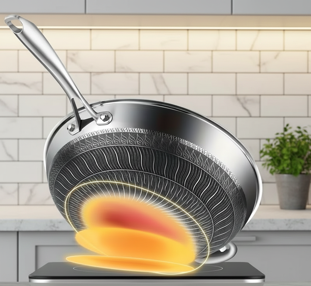 Sartén Wok de Acero Inoxidable de 33,8 cm con Tapa y Espátula – Antiadherente – Para Todo Tipo de Cocinas