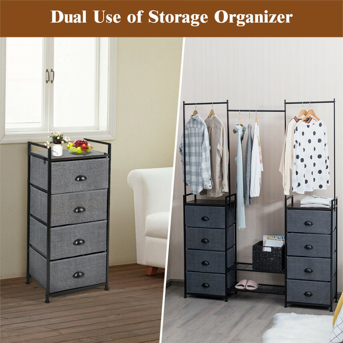 3-in-1 Portable Multifunctional Dresser with 8 Fabric Drawers and Metal Rack