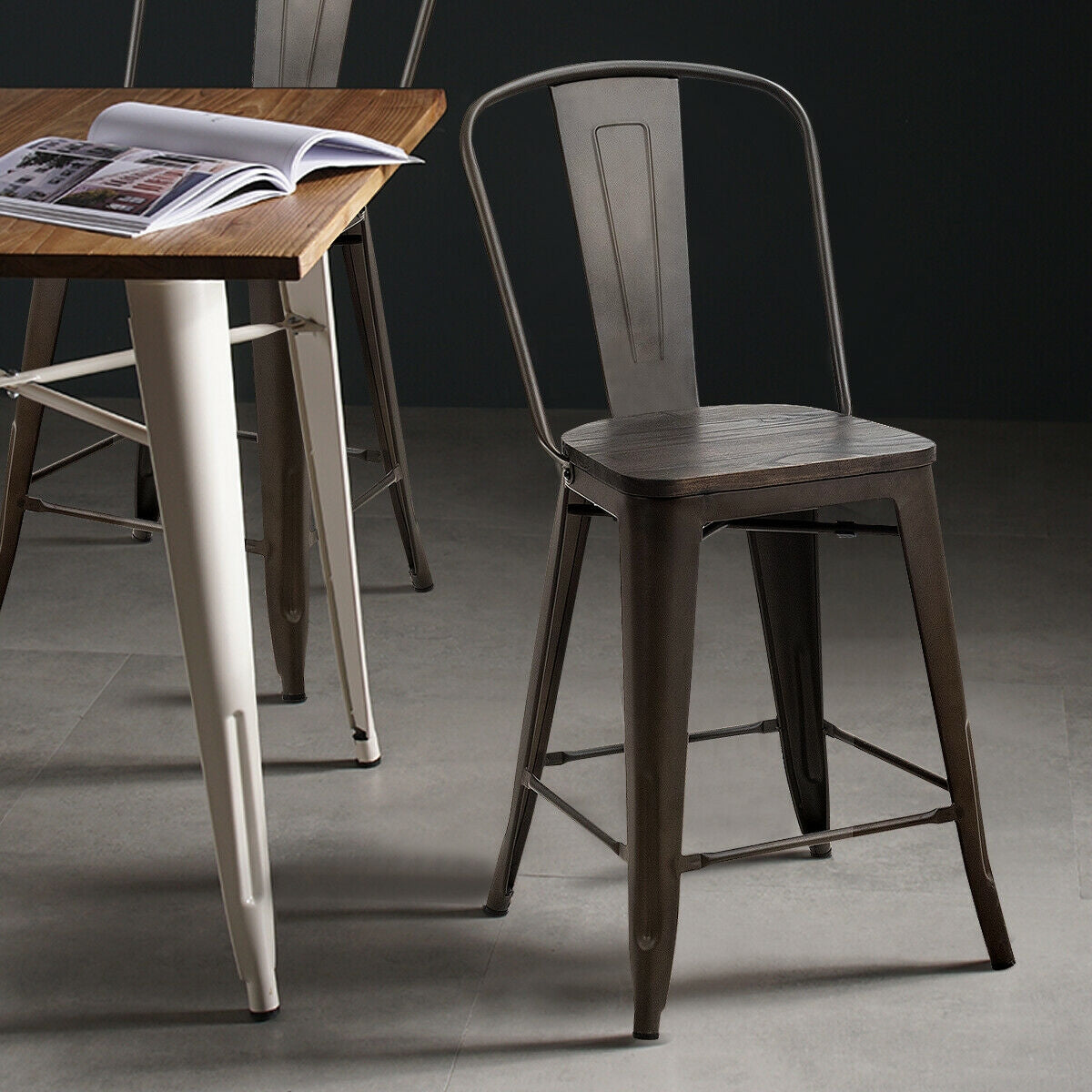 Set of 4 Industrial Metal Counter Stool Dining Chairs with Removable Backrests