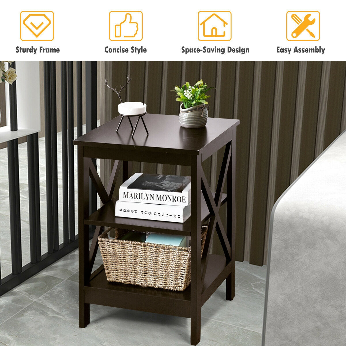 3-Tier Nightstand End Table with X Design Storage