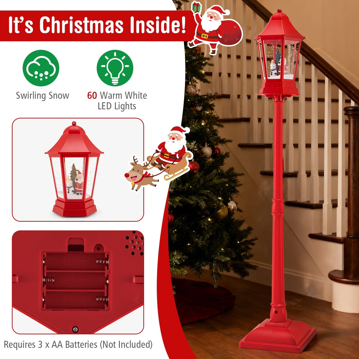 5.3 Feet Musical Christmas Street Lamp with Blowing Snow and LED Lights-Red