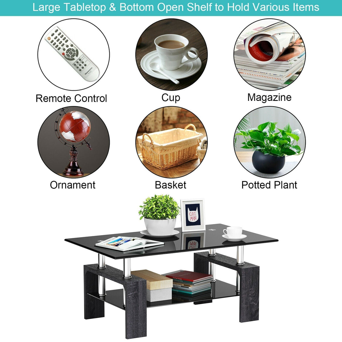 Rectangular Tempered Glass Coffee Table with Shelf