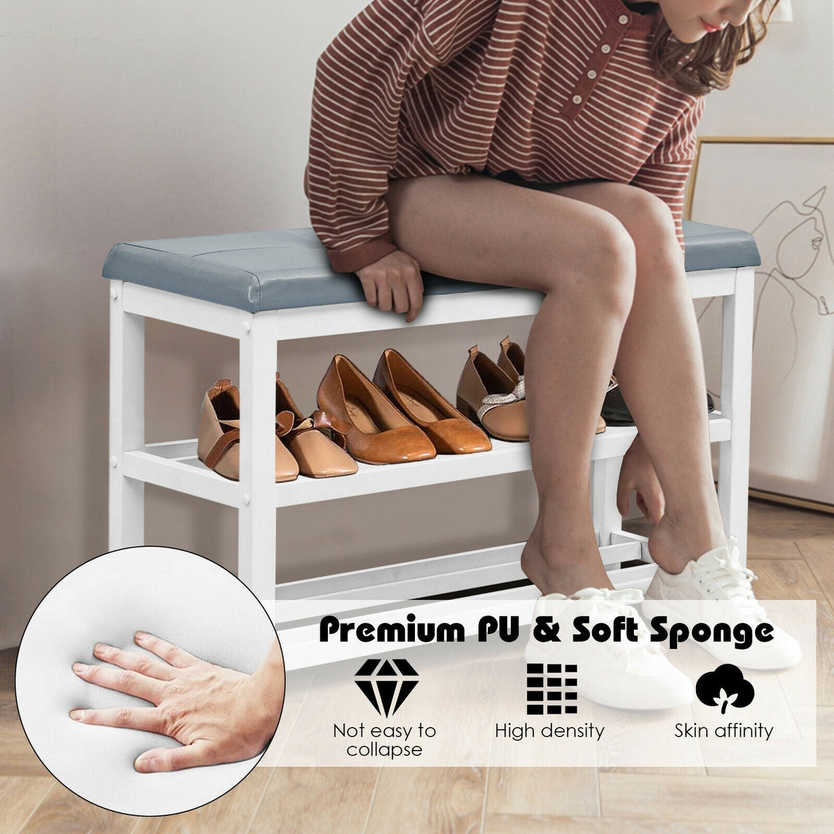 2-Tier Wooden Shoe Rack Bench with Padded Seat