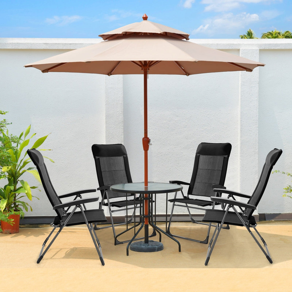 2 sillas plegables portátiles para patio, con reposacabezas ajustable, para camping -Negro
