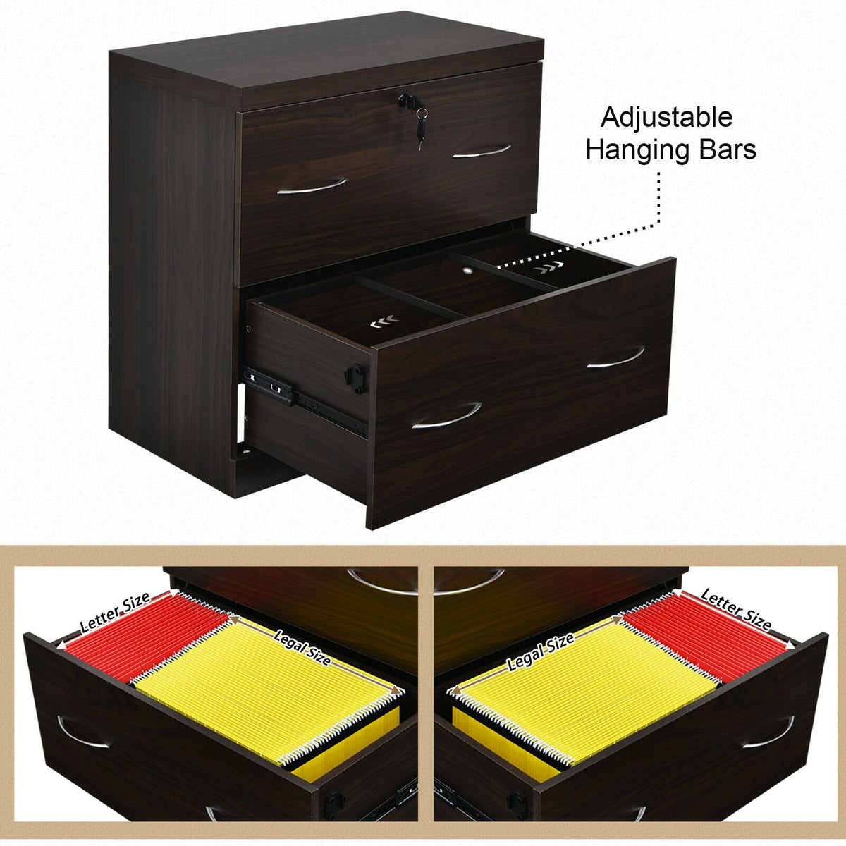 2-Drawer File Cabinet with Lock Hinging Bar Letter and Legal Size