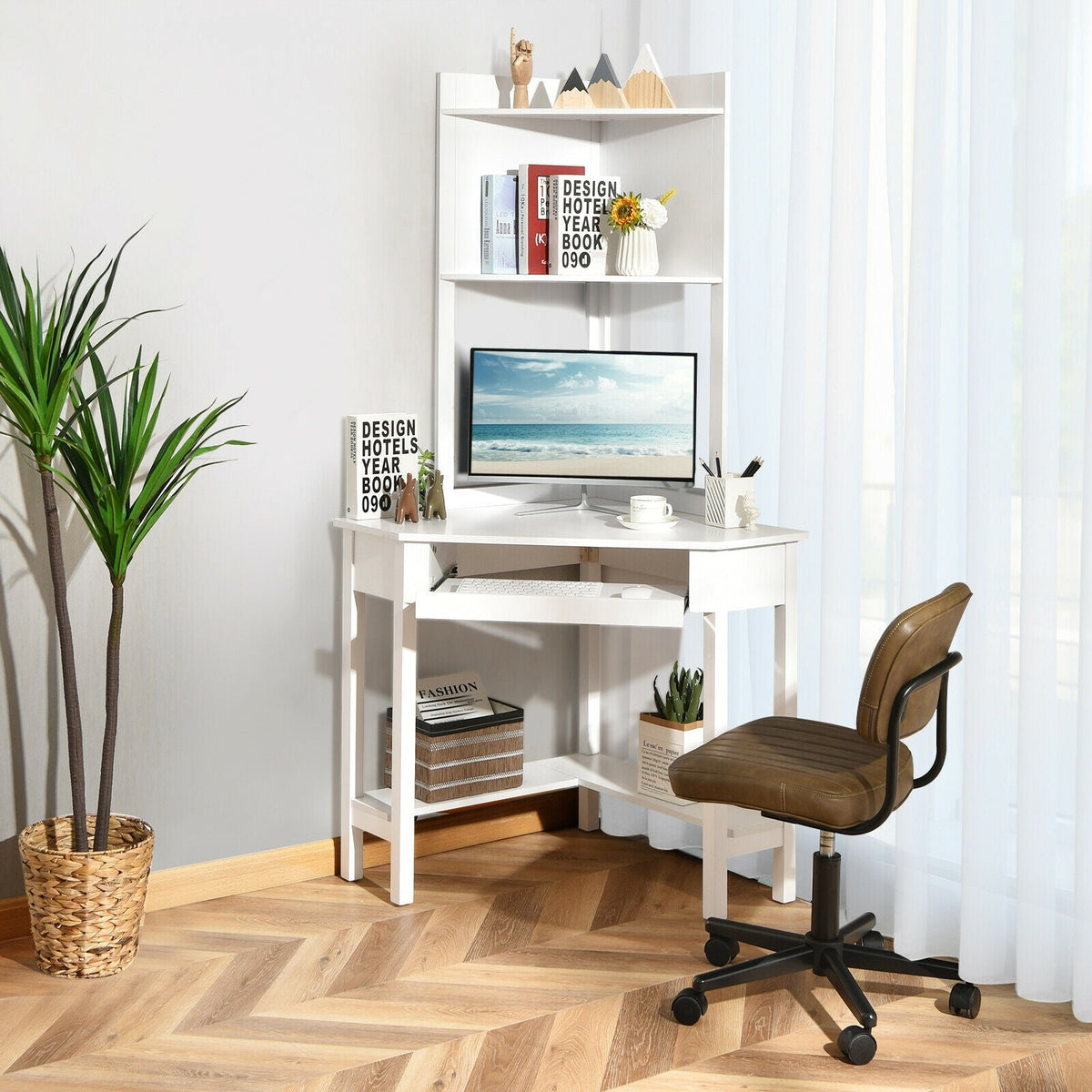 Corner Computer Desk with Hutch and Storage Shelves