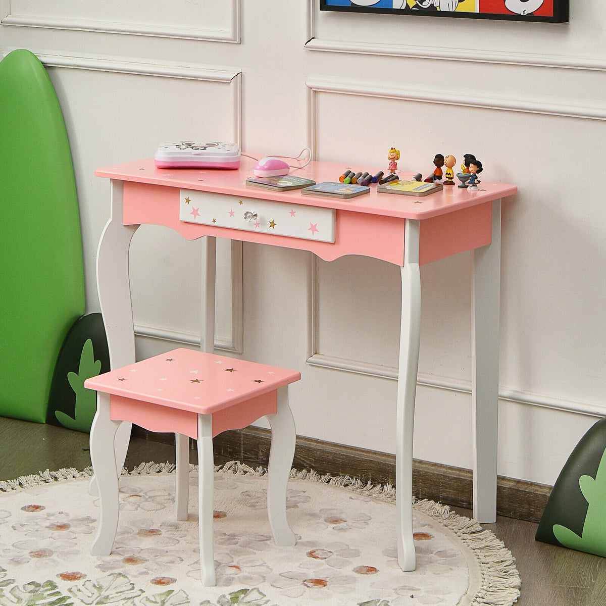 Tocador y taburete de princesa para niños con espejo de tres pliegues y cajón