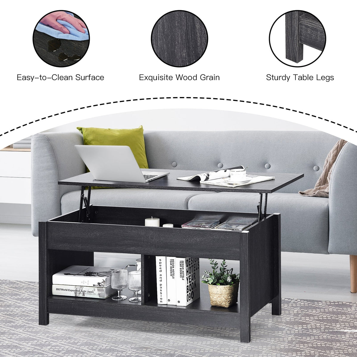 Lift Top Coffee Table with Hidden Storage Compartment and Lower Shelf for Study Room