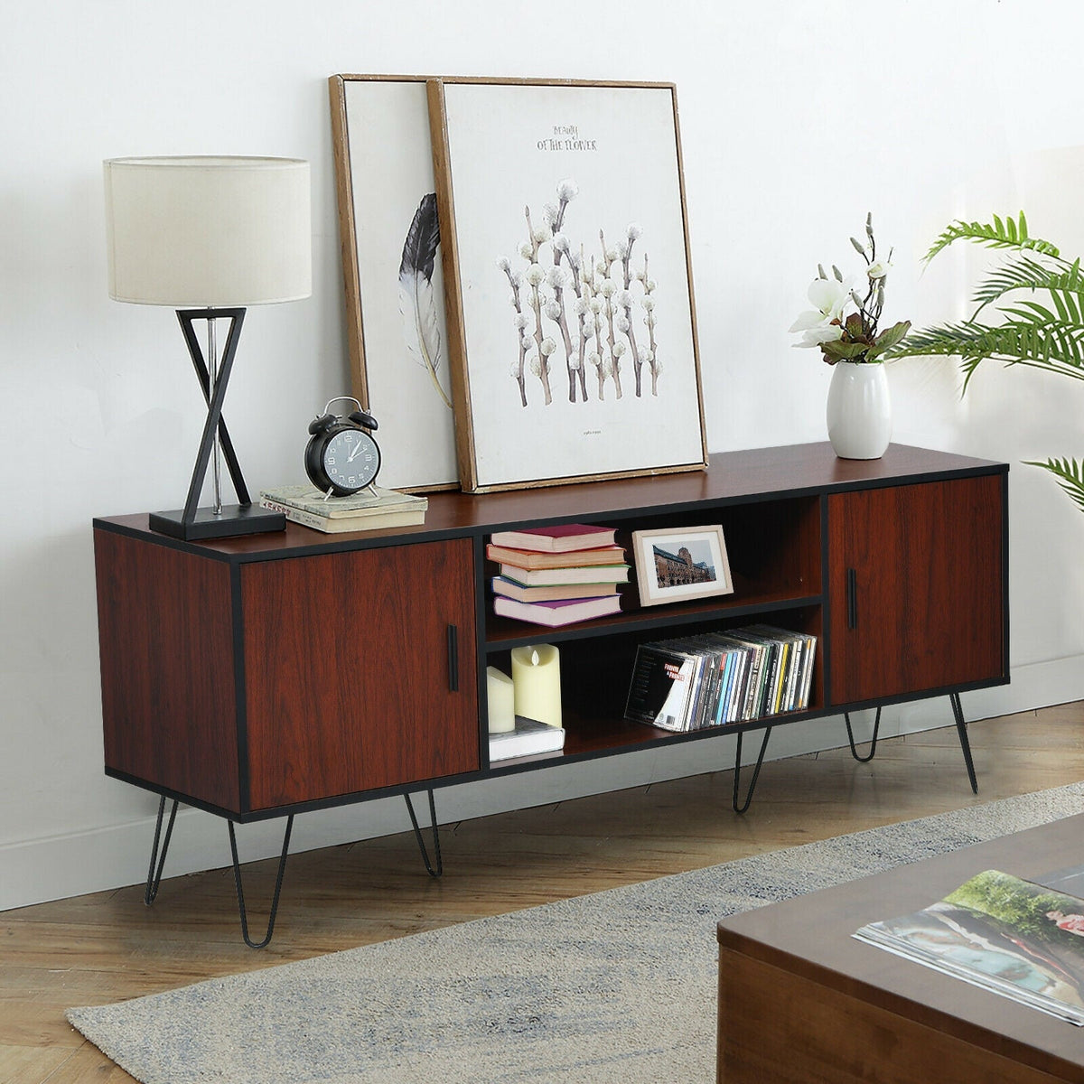 Retro Modern TV Stand with 6 Metal Legs for TVs up to 65 Inch with 2 Cable Holes