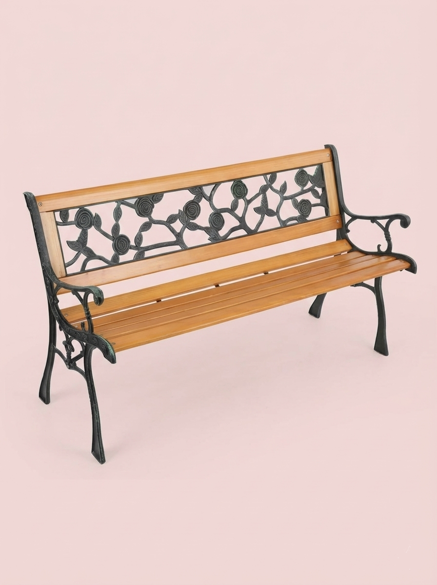 Banco de Jardín Exterior de Hierro Fundido y Madera con Respaldo Ornamentado