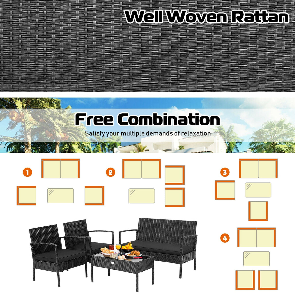 4 Pieces Patio Rattan Furniture Set with Cushion