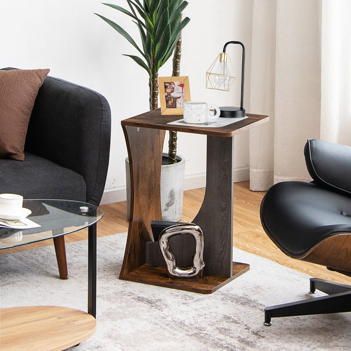 2-Tier Compact C-shape Sofa Side Table-Rustic Brown