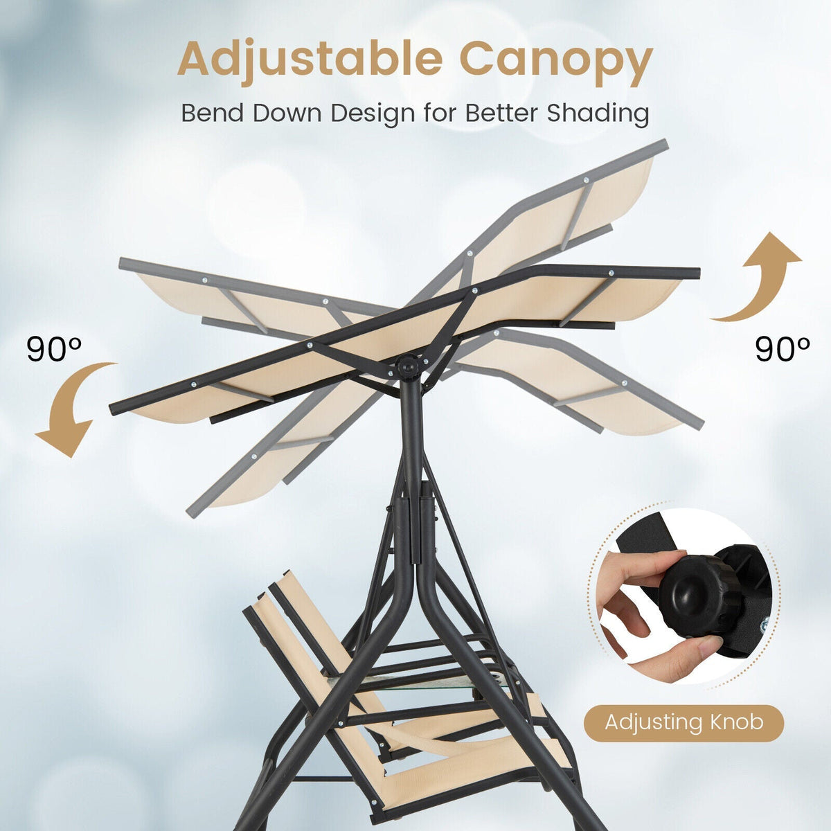 Columpio de Porche Acolchado de 2 Plazas con Toldo Ajustable y Mesa de Cristal Templado - Beige
