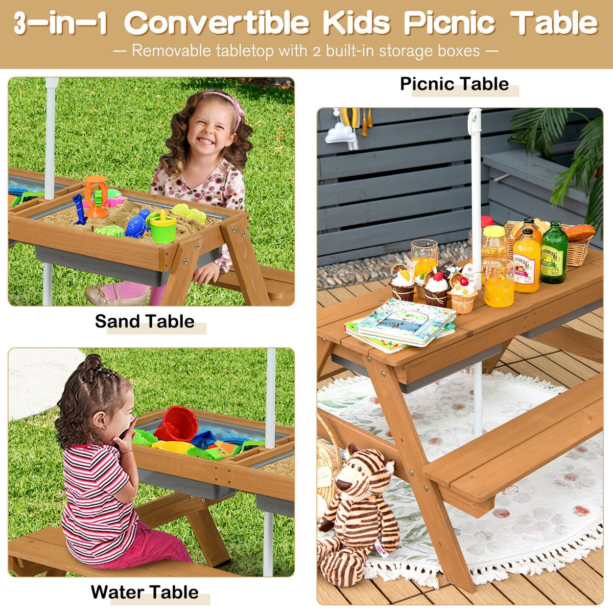 3-in-1 Kids Outdoor Picnic Water Sand Table with Umbrella Play Boxes-Green