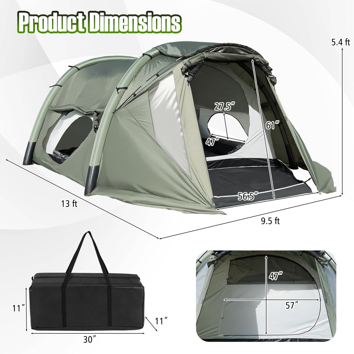 Tienda de campaña inflable para 5-7 personas con porche mosquitero - Verde