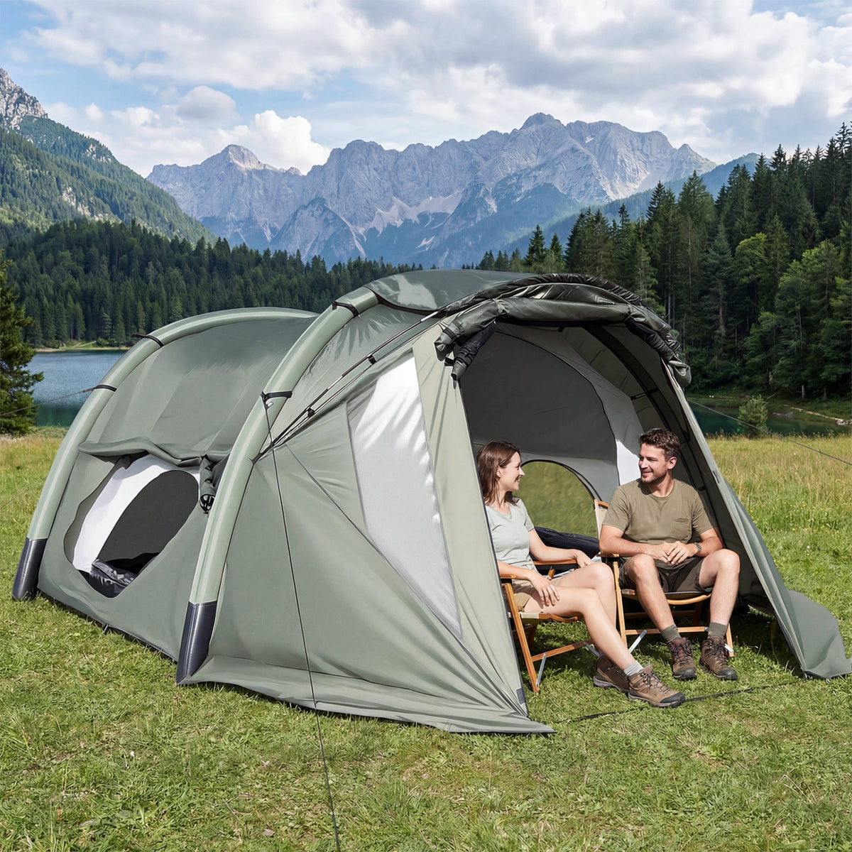 Tienda de campaña inflable para 5-7 personas con porche mosquitero - Verde
