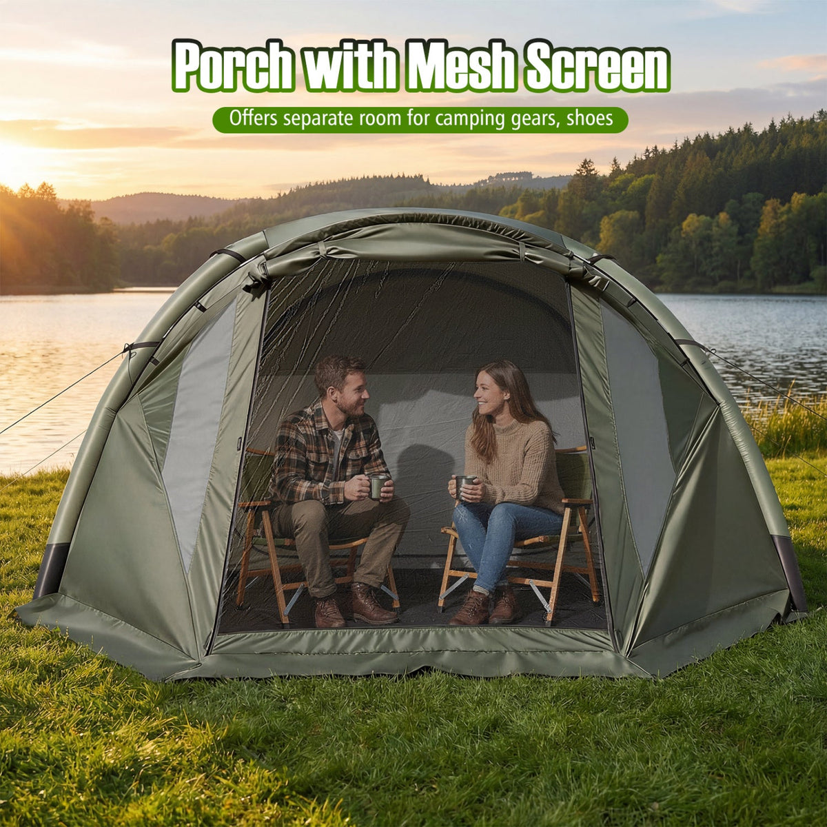 Tienda de campaña inflable para 5-7 personas con porche mosquitero - Verde