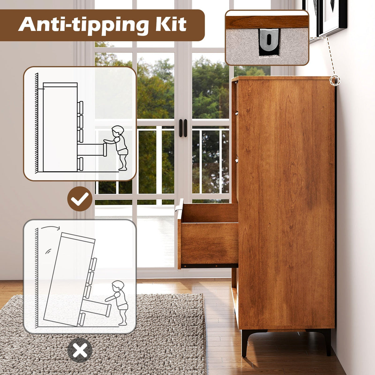 Cómoda de 5 cajones con sistema de seguridad para dormitorio o sala de estar