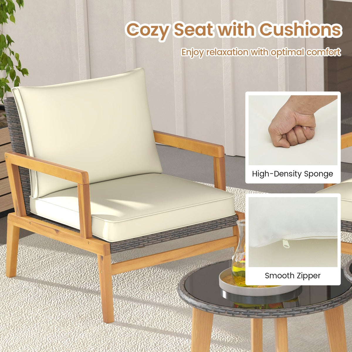 5 Piece Rattan Furniture Set Wicker Woven Sofa Set with 2 Tempered Glass Coffee Tables-Off White