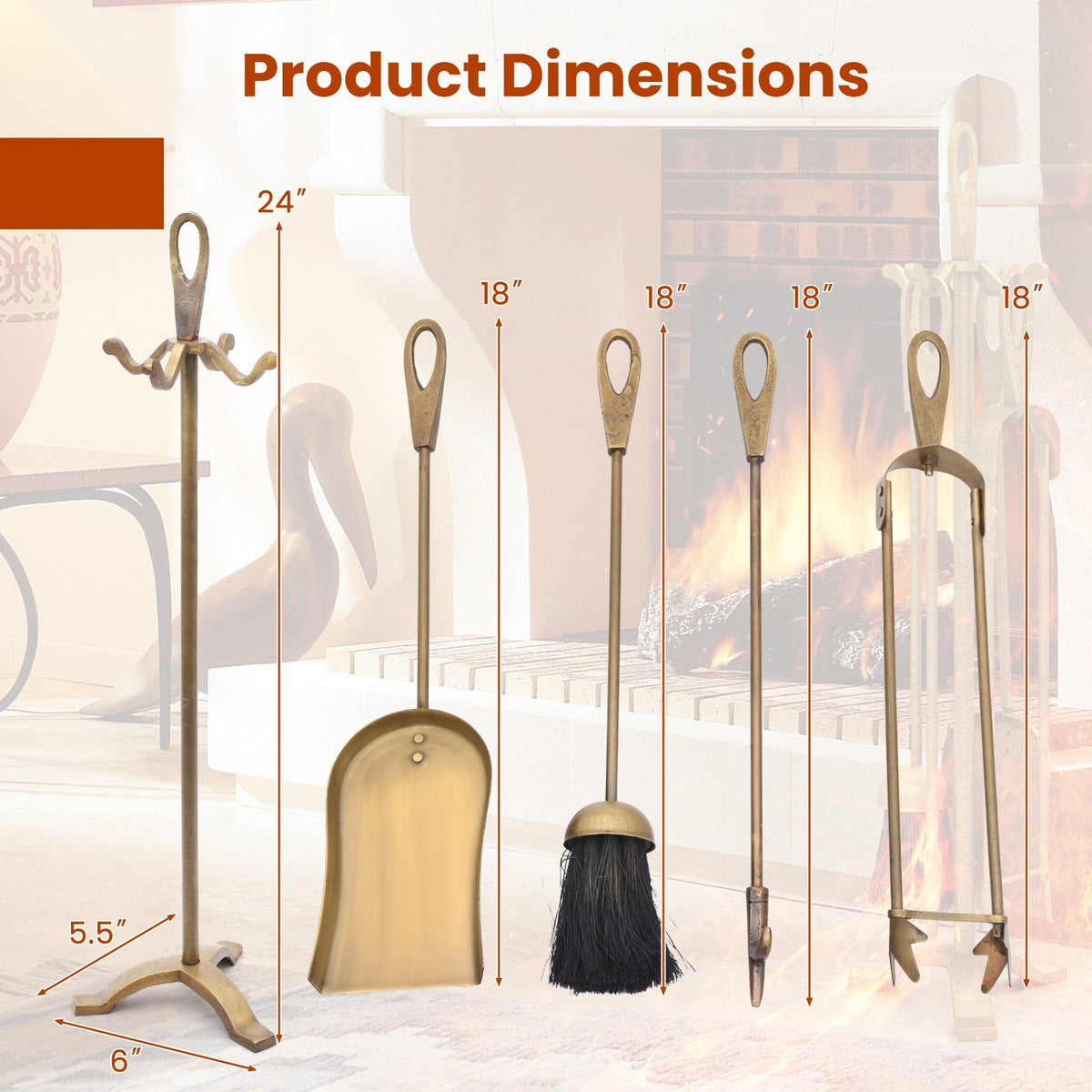 5 Pieces Fireplace Tool Set Fireplace Accessories with Poker