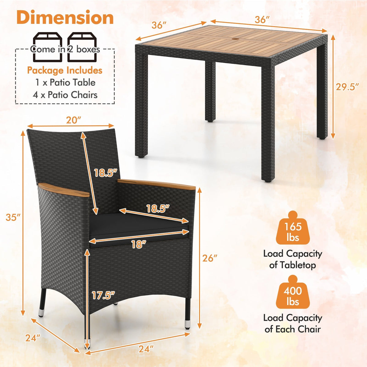 5 Pieces Patio Dining Table Set for 4 with Umbrella Hole