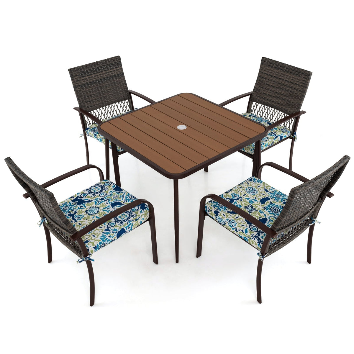 Juego de comedor para patio de 5 piezas con 4 sillones de ratán acolchados y mesa cuadrada