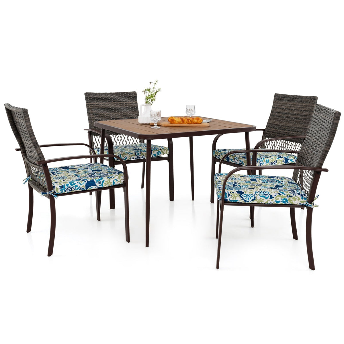 Juego de comedor para patio de 5 piezas con 4 sillones de ratán acolchados y mesa cuadrada