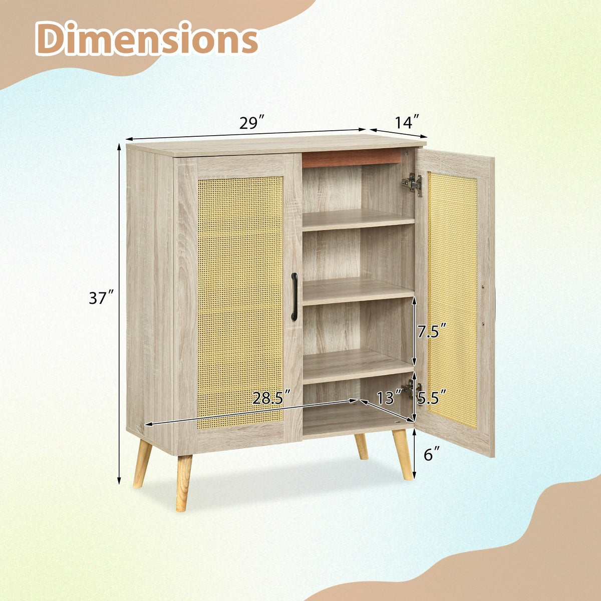 5-Tier Rattan Shoe Cabinewith 3 Removable Shelves