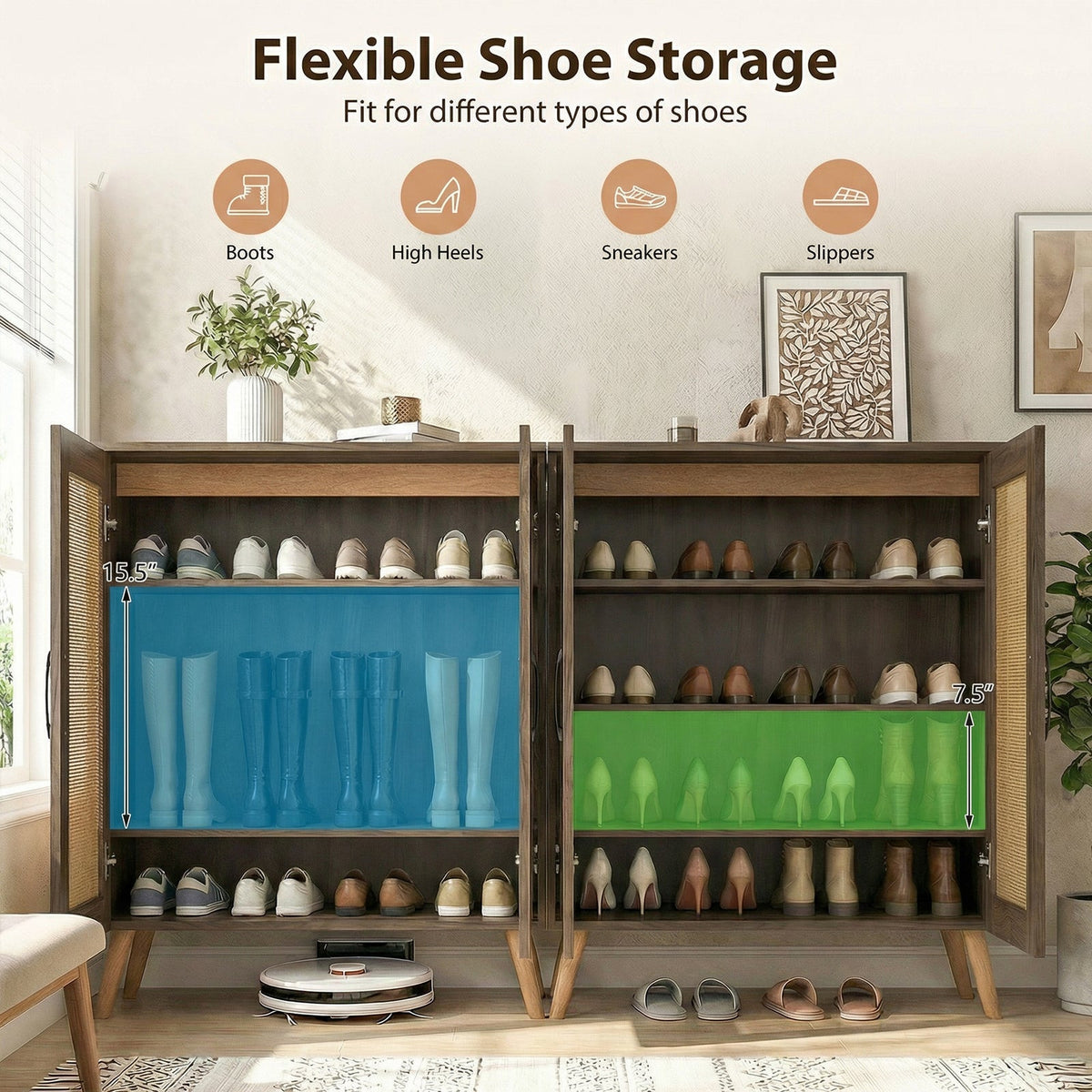 5-Tier Rattan Shoe Cabinewith 3 Removable Shelves