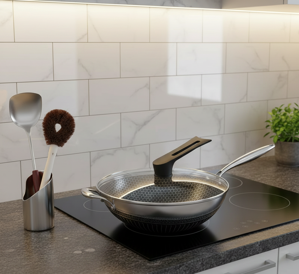 Sartén Wok de Acero Inoxidable de 33,8 cm con Tapa y Espátula – Antiadherente – Para Todo Tipo de Cocinas