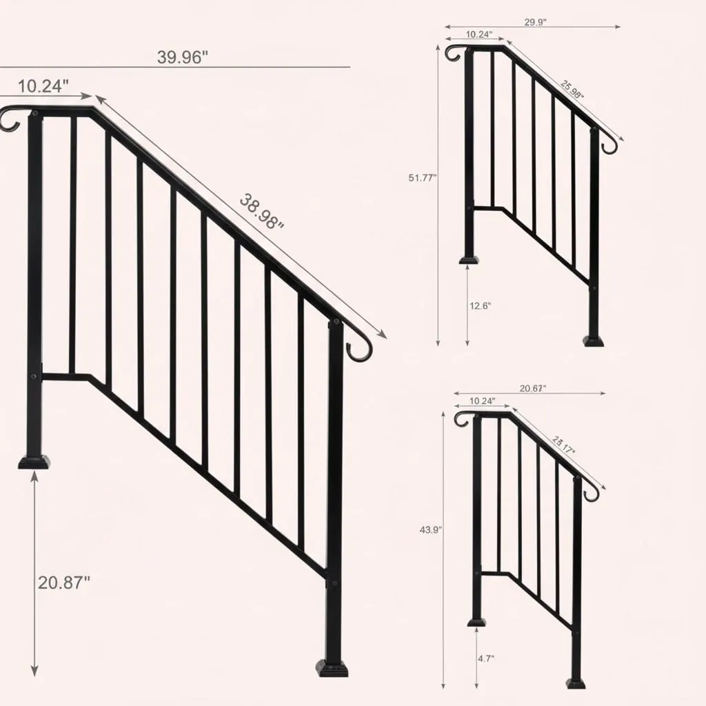 Barandilla de escalera exterior para 1 a 4 escalones, barandilla ajustable de acero negro