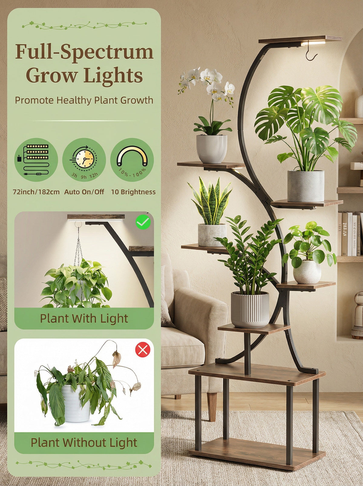 Estante metálico esquinero de 8 niveles para plantas | Estantería para plantas de interior con forma de árbol