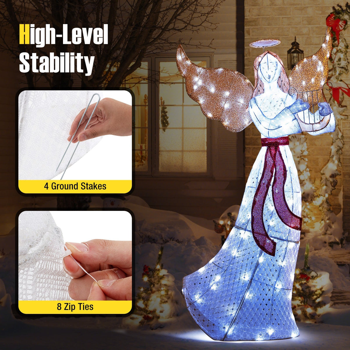 5 ft Christmas Lighted Angel with Harp and 120 Cold White LED Lights