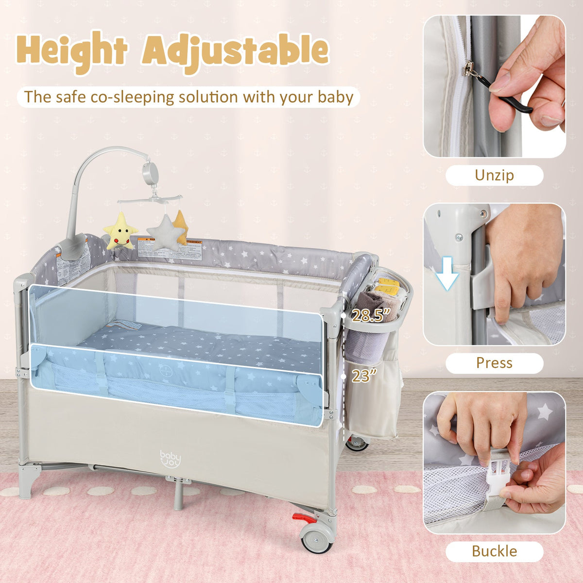 5-in-1  Portable Baby Beside Sleeper Bassinet Crib Playard with Diaper Changer-Beige
