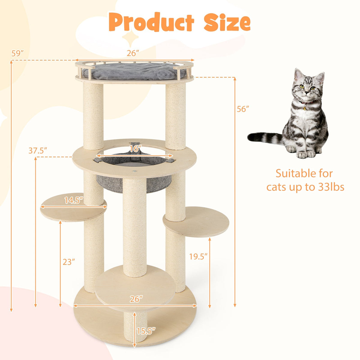 Árbol rascador de madera para gatos de 5 niveles con percha acolchada y hamaca de tela no tejida - Gris
